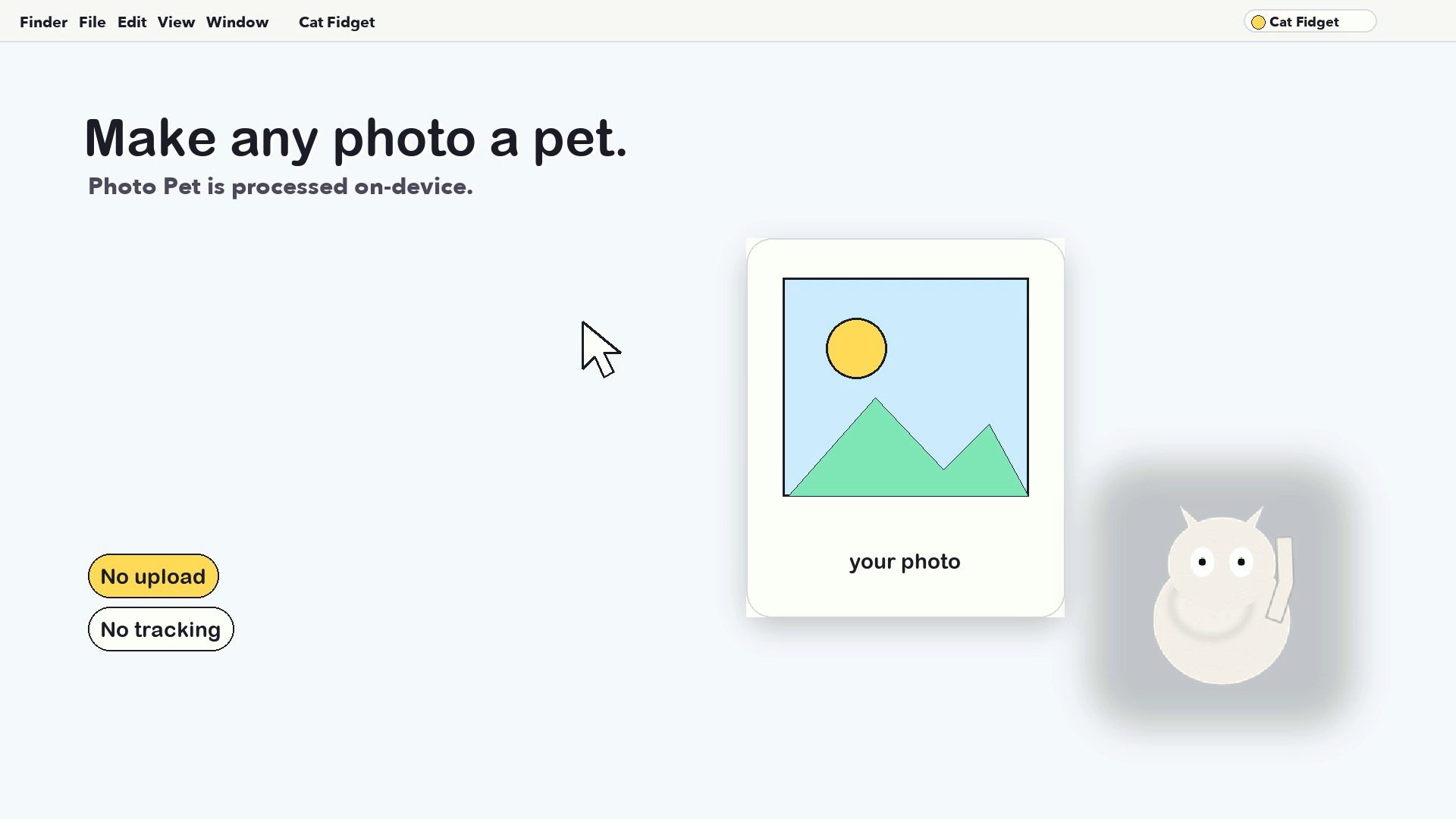 Cat Fidget demonstration showing a source photo card beside the resulting custom desktop pet.