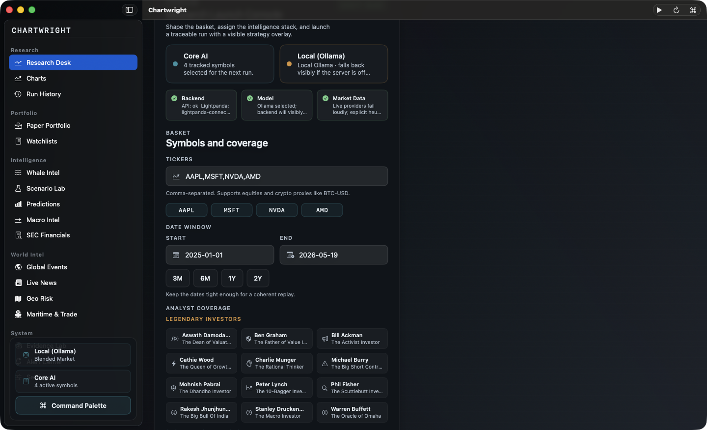 Chartwright research desk showing ticker configuration for AAPL, AMZN, NVDA, AMD with 17 AI analyst agents, date range controls, and local Ollama LLM integration