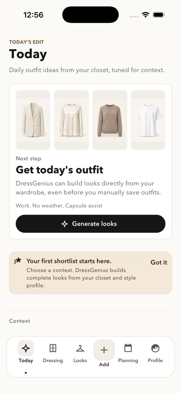 DressGenius Today screen with outfit suggestions from the user's closet