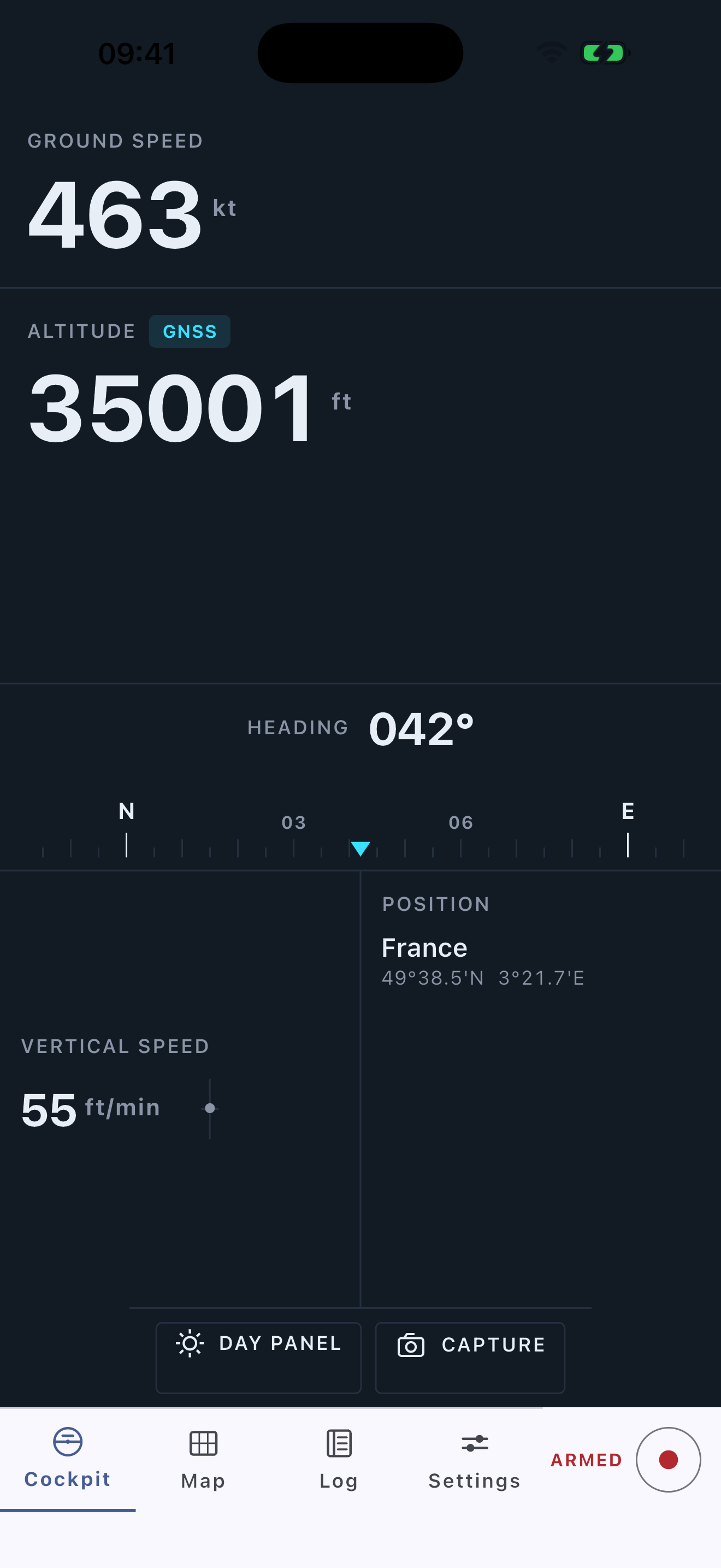 Flightloom cockpit showing ground speed, GNSS altitude, heading and current country