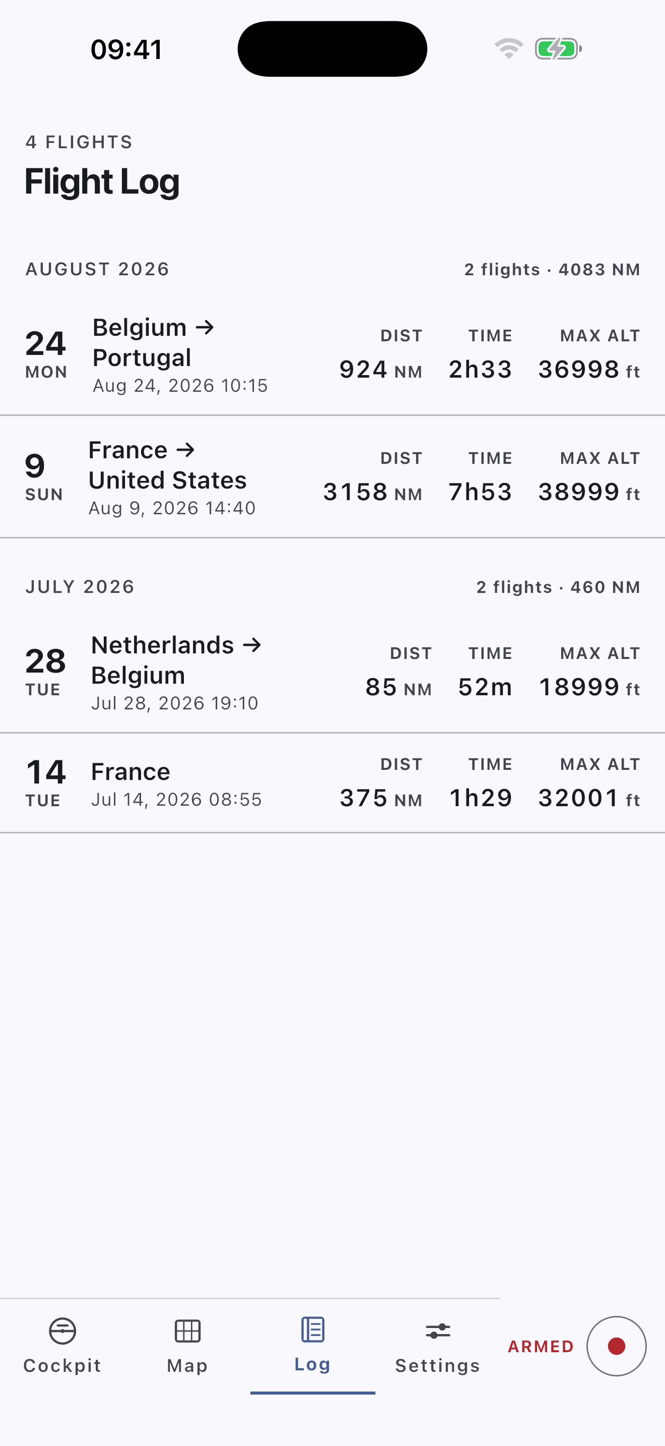 Private Flightloom logbook with recorded flights
