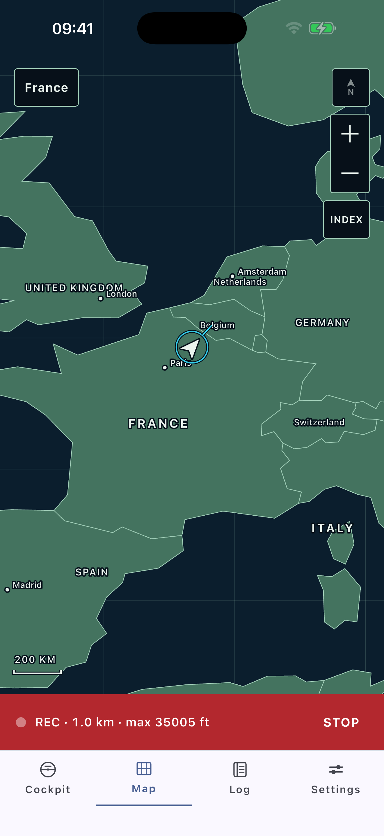 Bundled offline world map with a recorded route