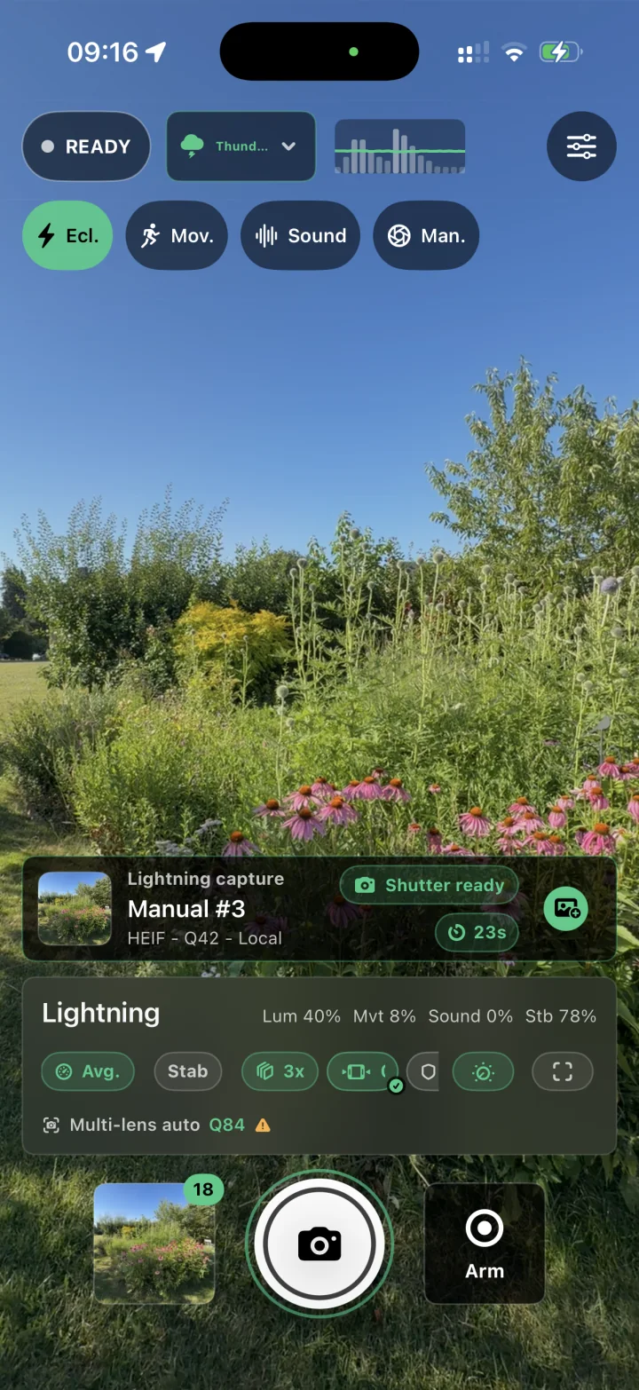 HyperCam Trigger lightning mode running on a physical iPhone in a garden