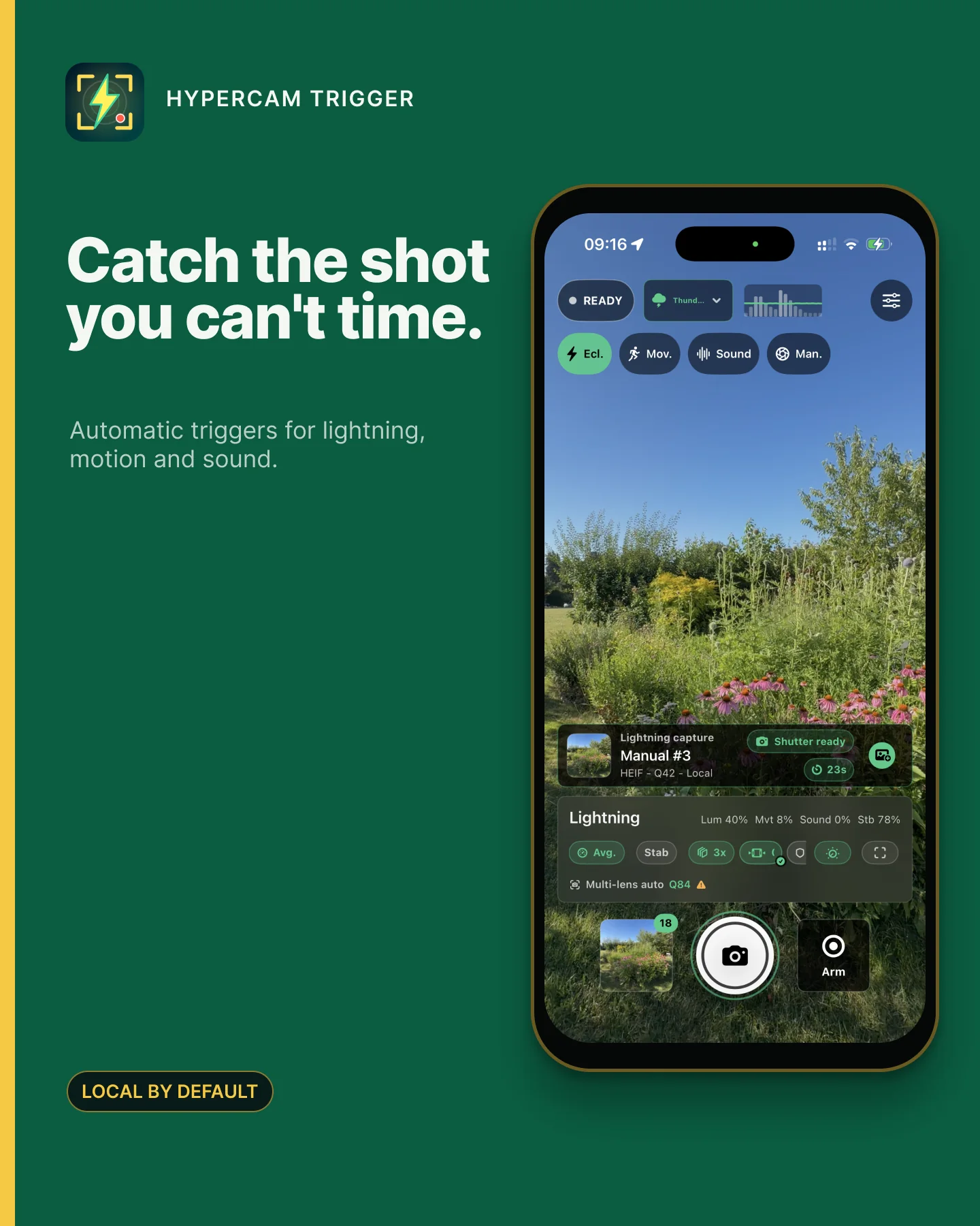 HyperCam Trigger camera interface on a physical iPhone, prepared for an automatic lightning capture