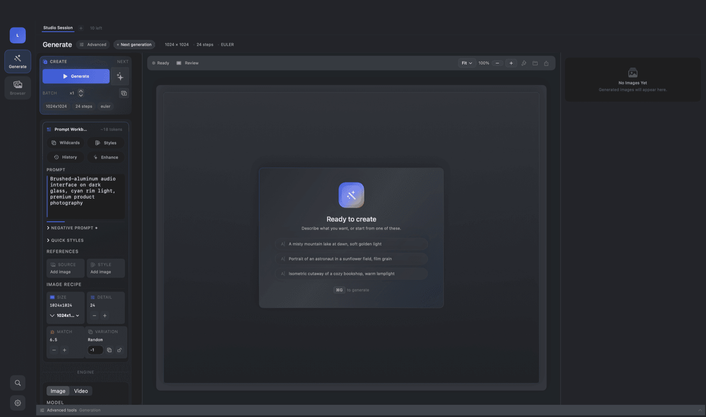 LumenForge image generation workspace with prompt and model controls