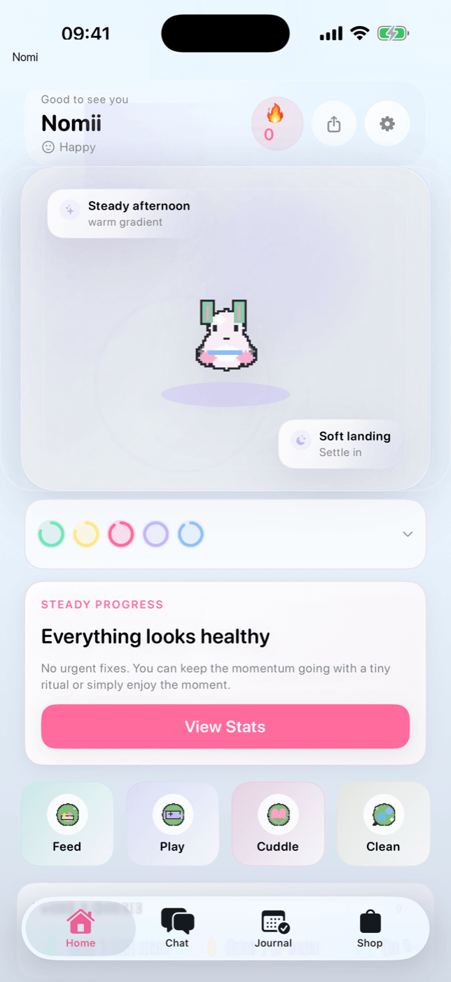 Nomii home screen with virtual pet and daily health progress