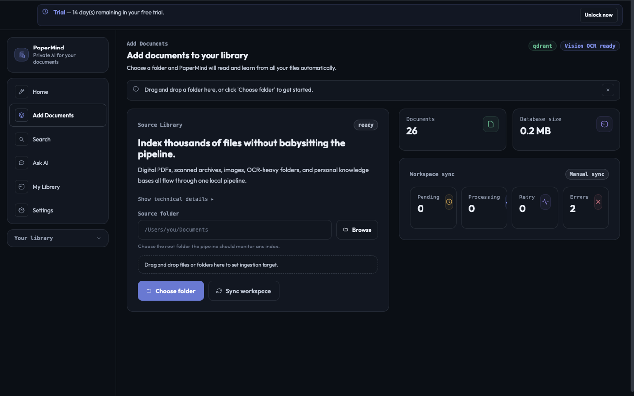 PaperMind add documents screen