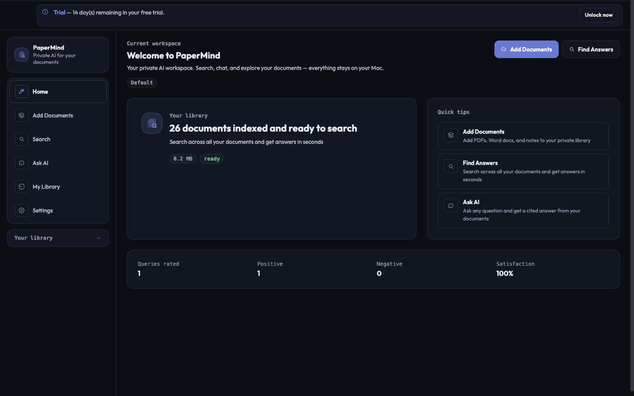 PaperMind home screen showing indexed documents and quick actions