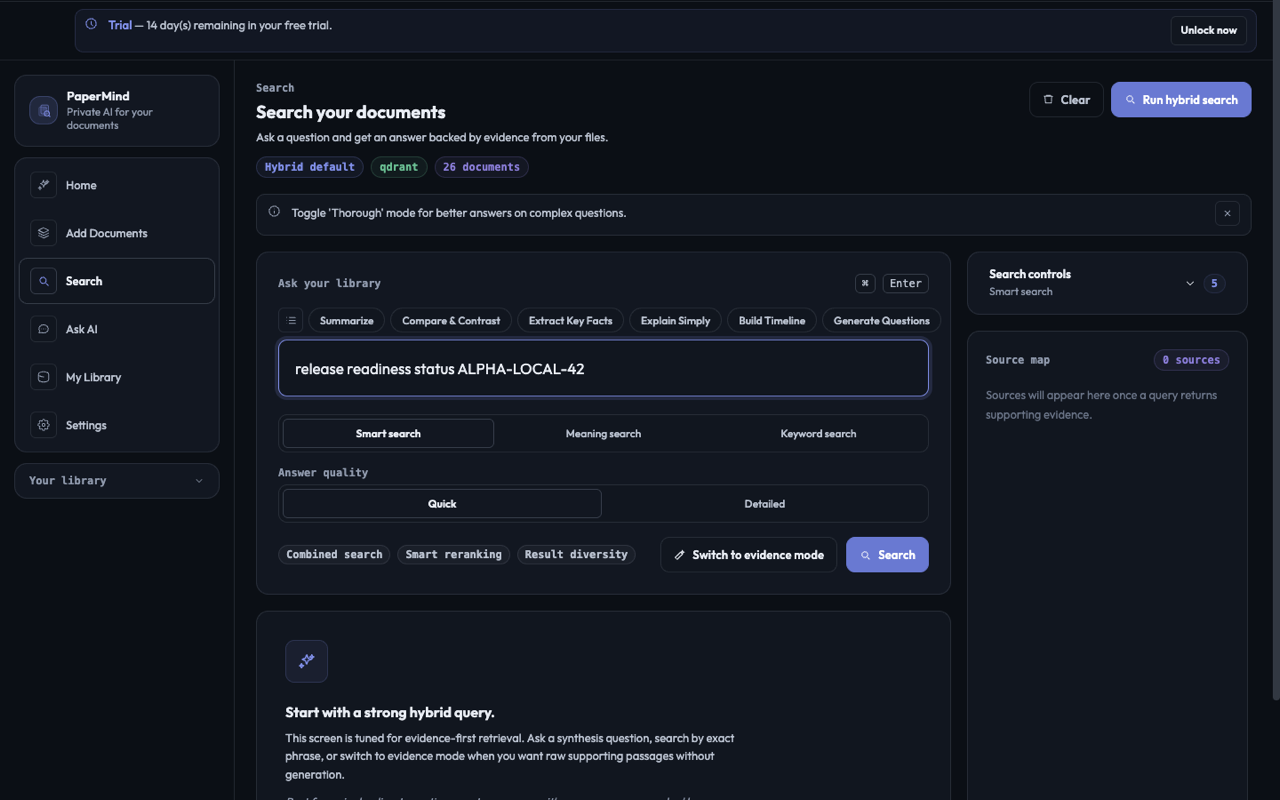 PaperMind hybrid search interface with BM25 and semantic toggles