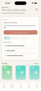 PulseWave — the toolkit at a glance: breathing, meditation, sound studio, and on-device AI coach
