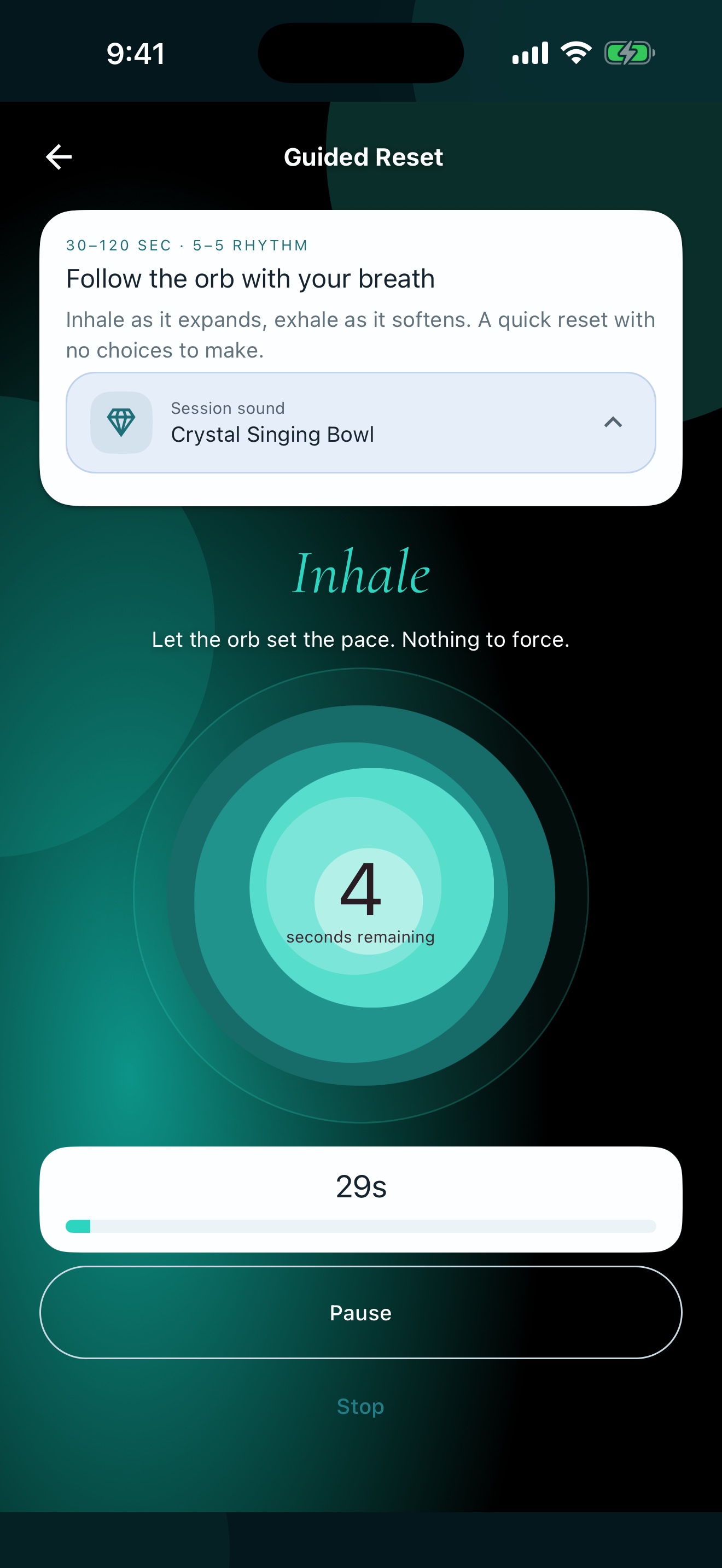 PulseWave Guided Reset running a 30-second breathing session, with the breathing orb and 29-second progress bar visible