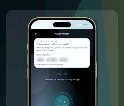 PulseWave Guided Reset showing a simple visual breathing rhythm and short duration choices.