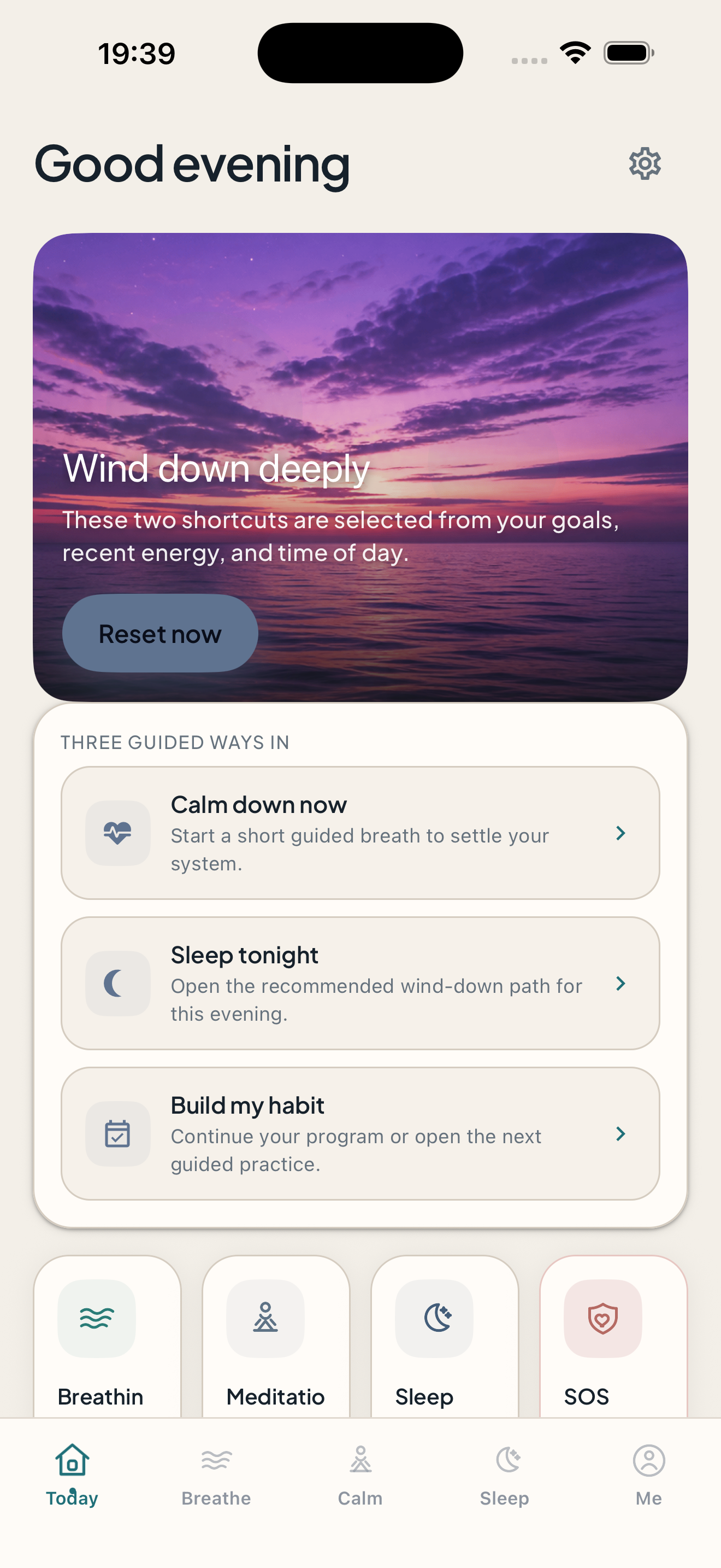 PulseWave home screen showing Guided Reset, longer sessions and Build my habit.