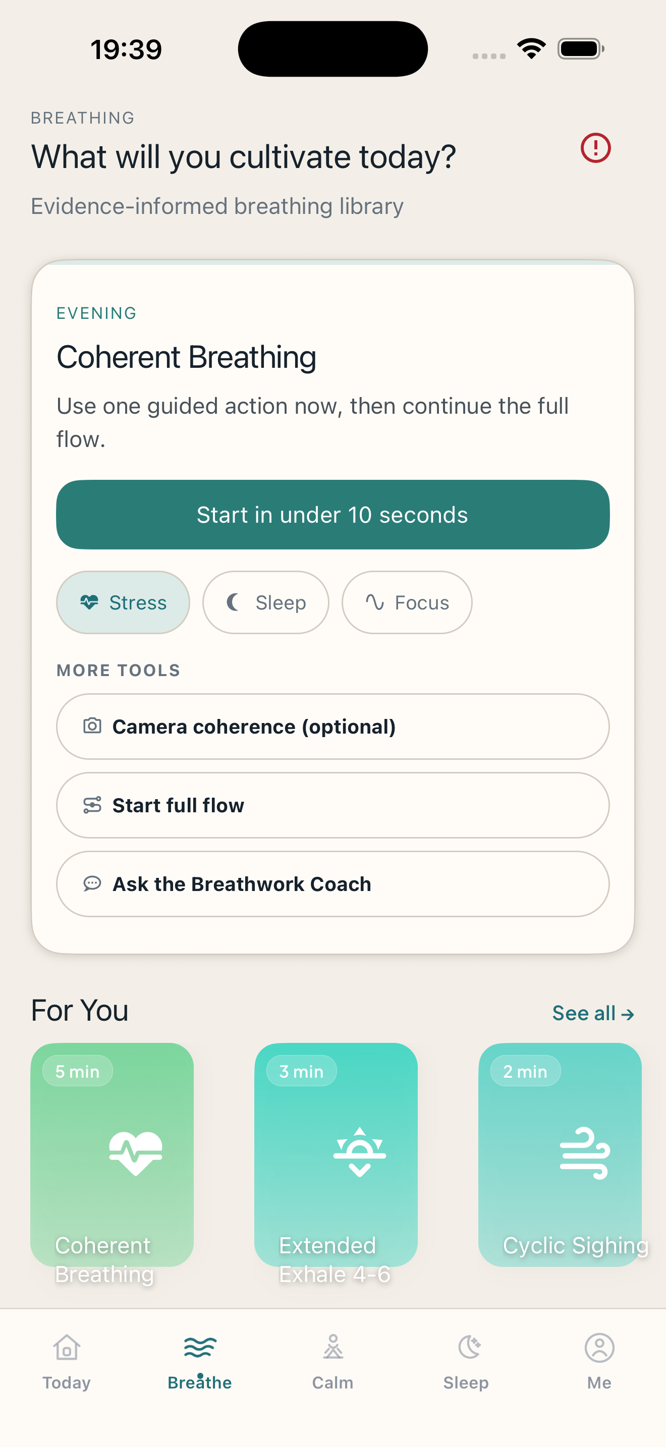 PulseWave breathing library showing Coherent Breathing and a five-minute option.