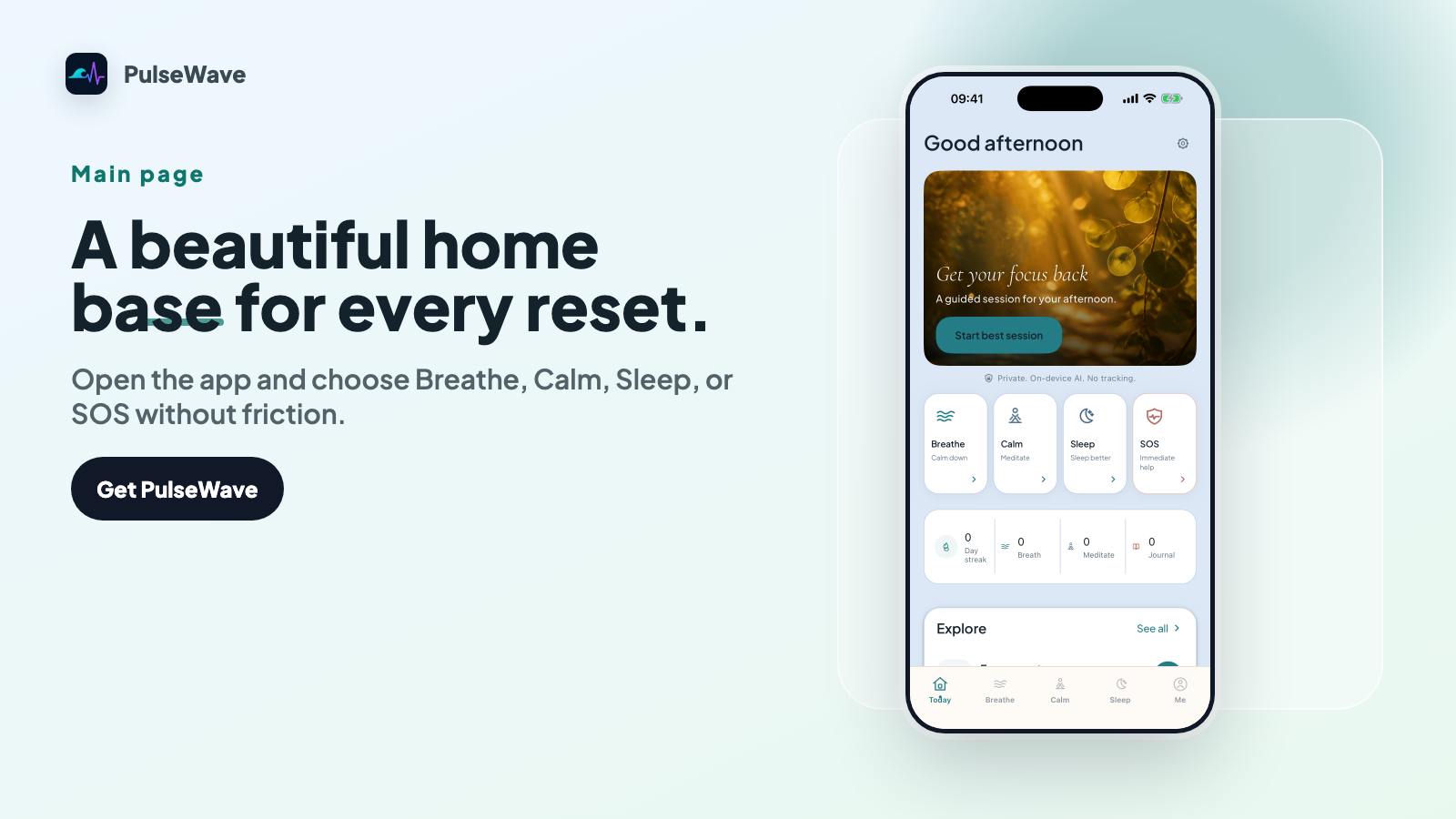 PulseWave — the toolkit at a glance: breathing, meditation, sound studio, and on-device AI coach