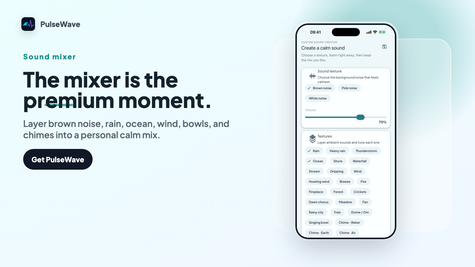 PulseWave Sound Studio — the in-app mixer with brown noise, binaural and isochronic layers, and a 5-band EQ