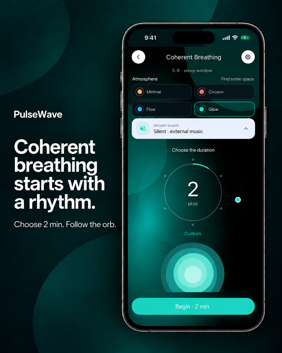 PulseWave promotional card surrounding the English Coherent Breathing screen with Glow selected, a two-minute duration, orb and Begin button.