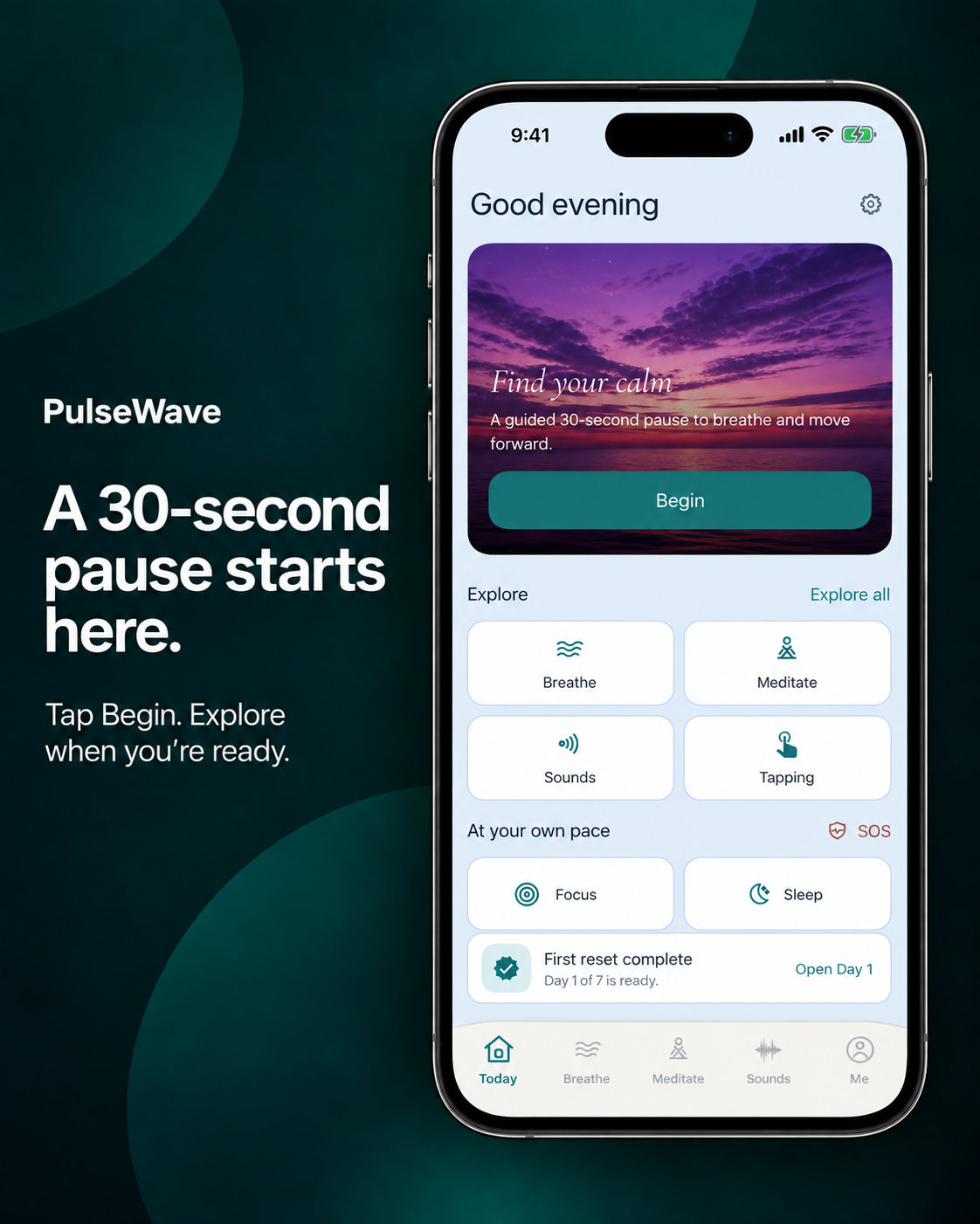 PulseWave promotional card surrounding an English iPhone home screen with the 30-second Guided Reset entry point.