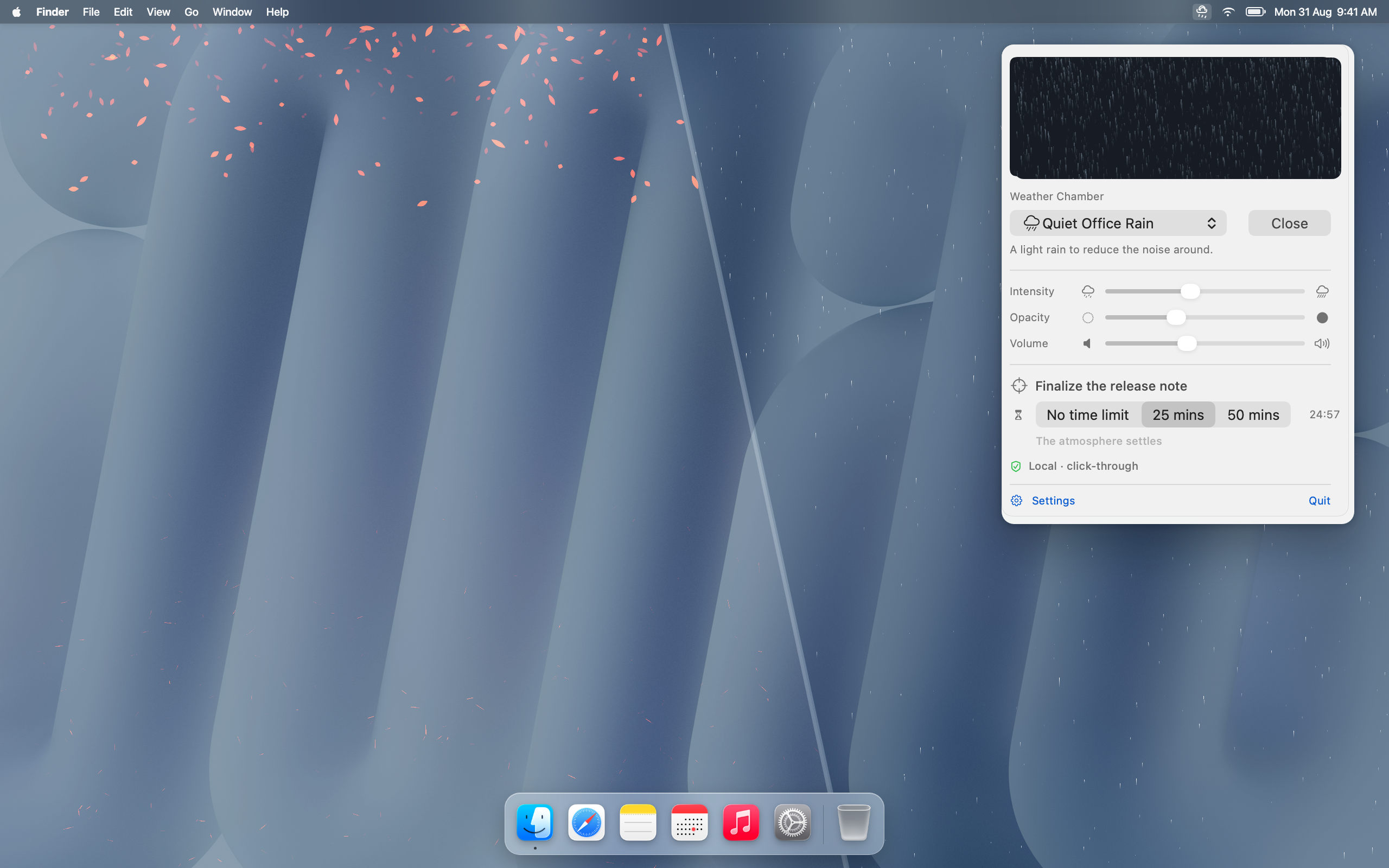 A real RainDesk desktop showing drifting autumn leaves on the left, rain on the right, the macOS menu bar and Dock, and the RainDesk menu bar control panel.