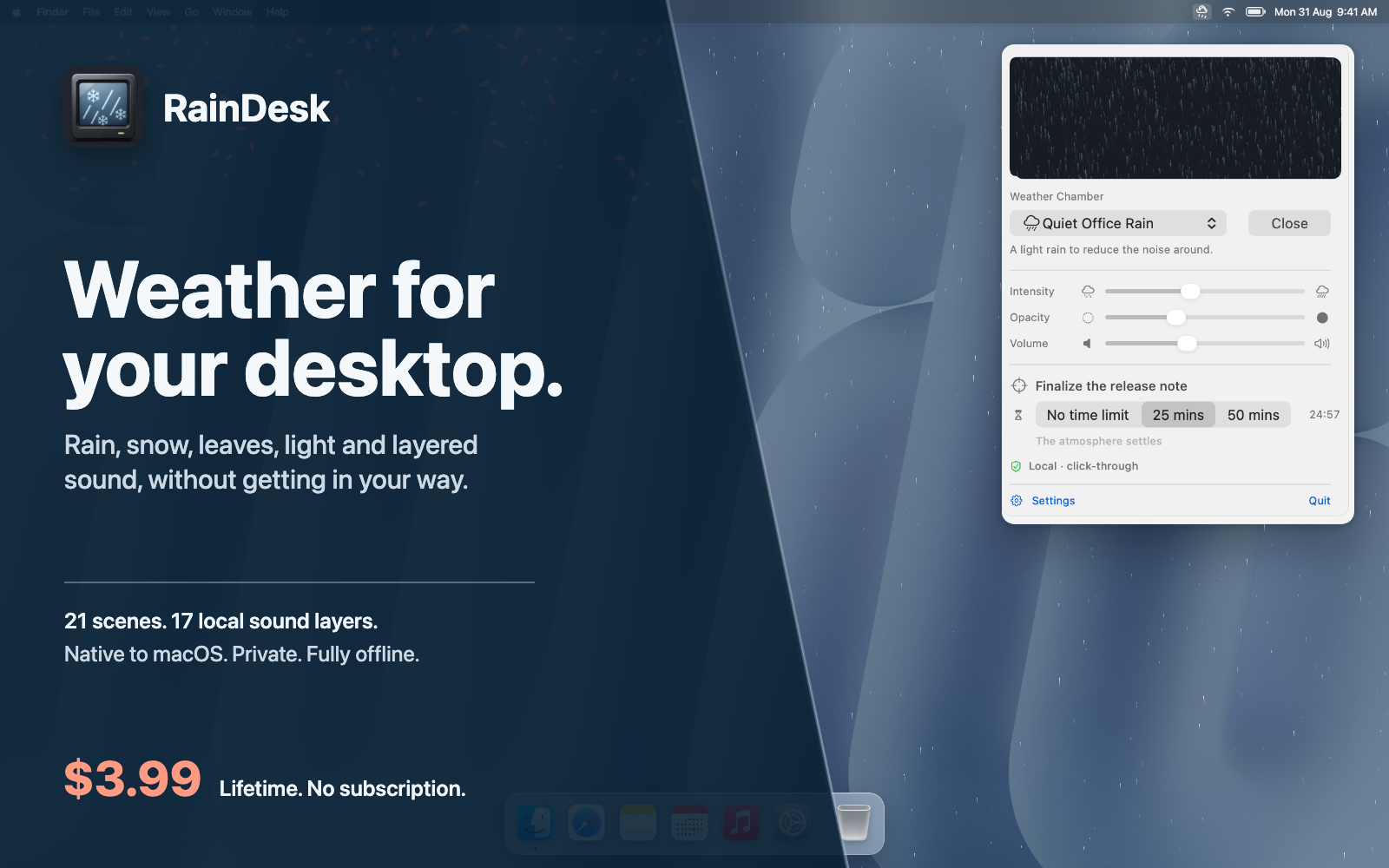 RainDesk marketing card made from the real macOS desktop scene and menu bar interface.