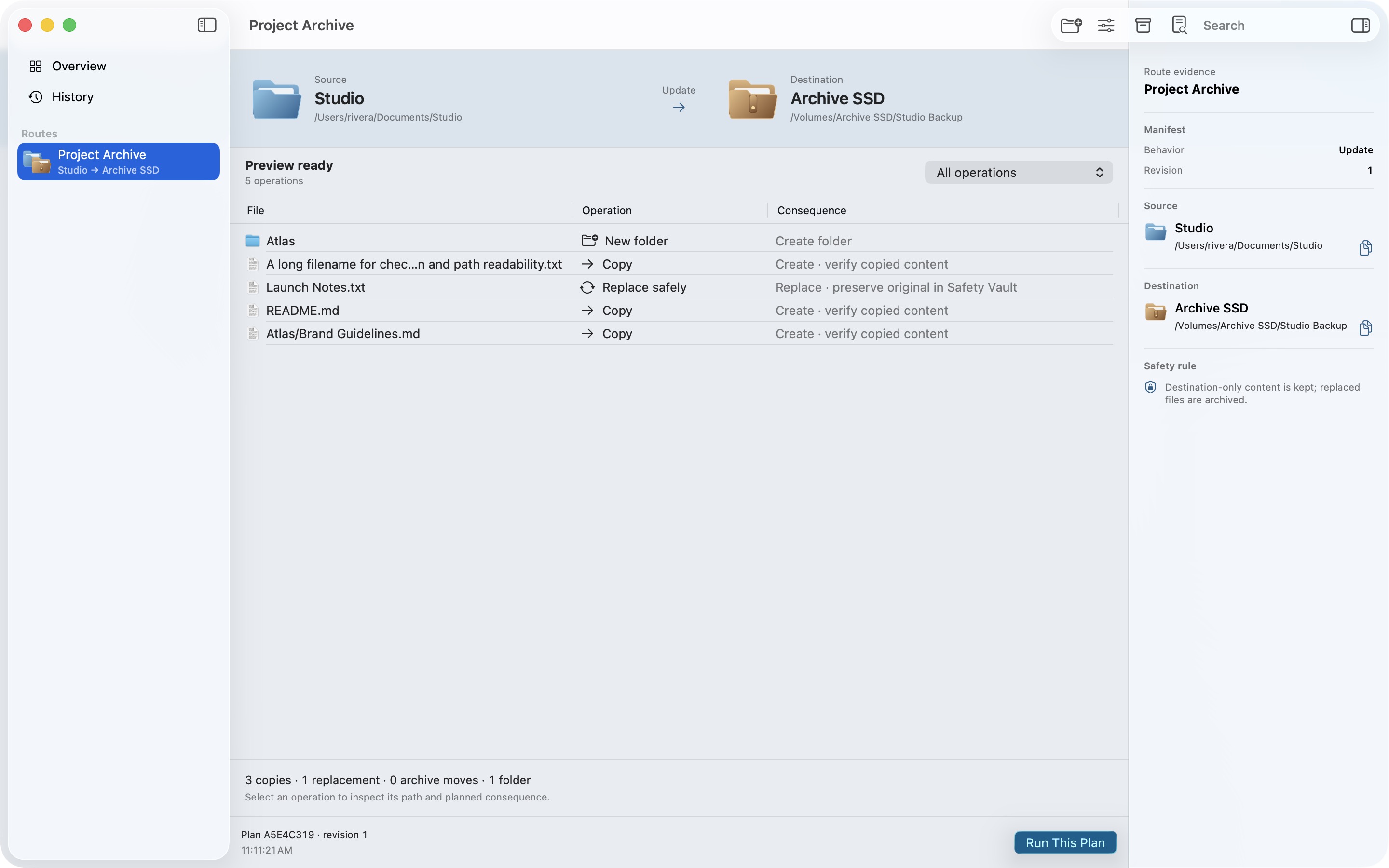 Relay preview ledger listing five planned file operations between a source folder and an archive drive