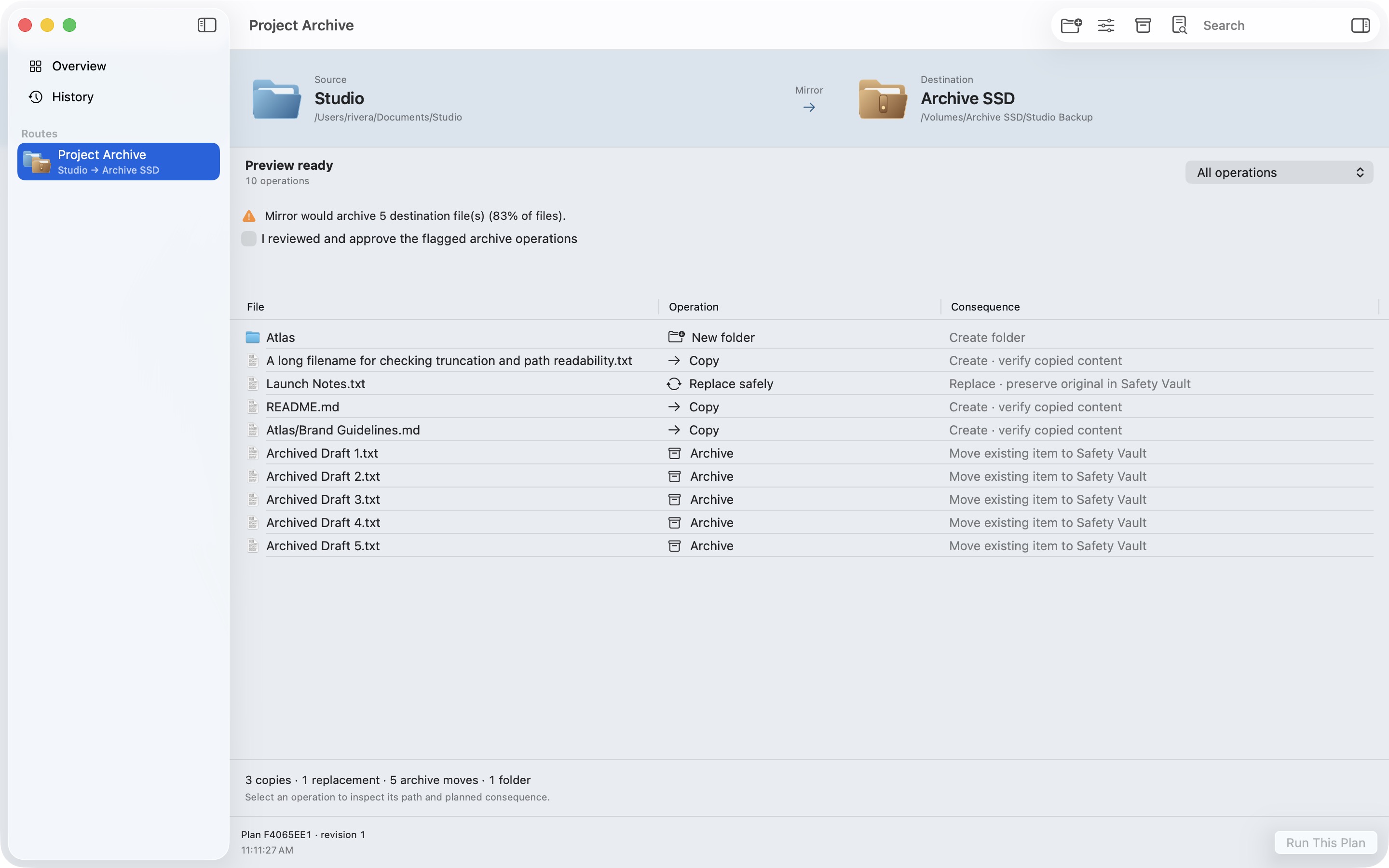 Relay Mirror preview with safety review for destination-only files