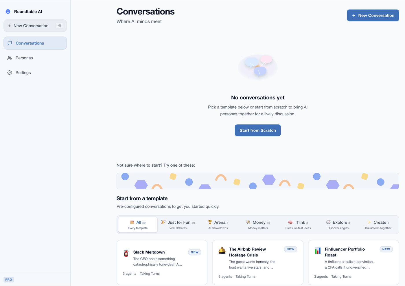 Roundtable AI home screen with discussion templates
