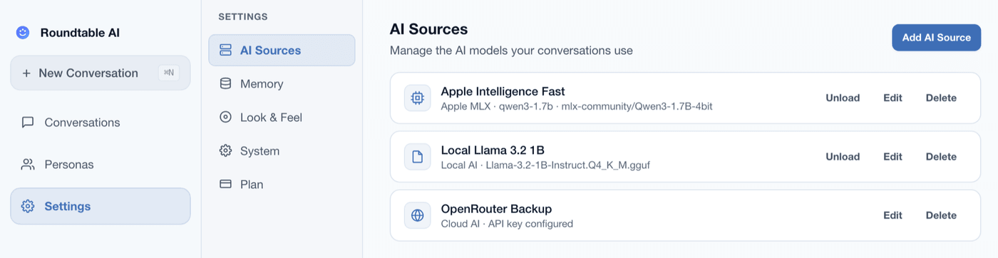 Roundtable AI model settings for local and cloud providers