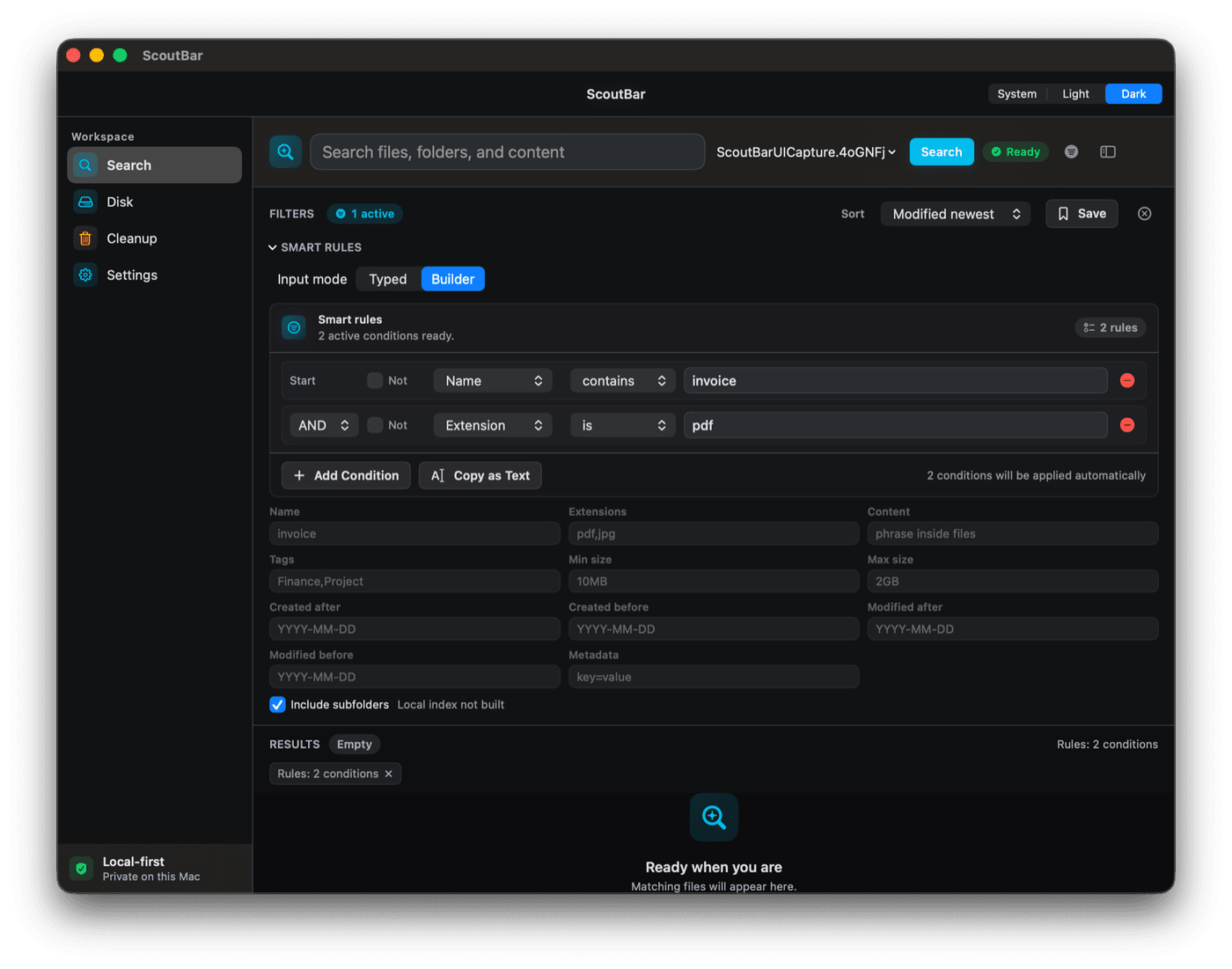 ScoutBar visual query builder with combined search filters