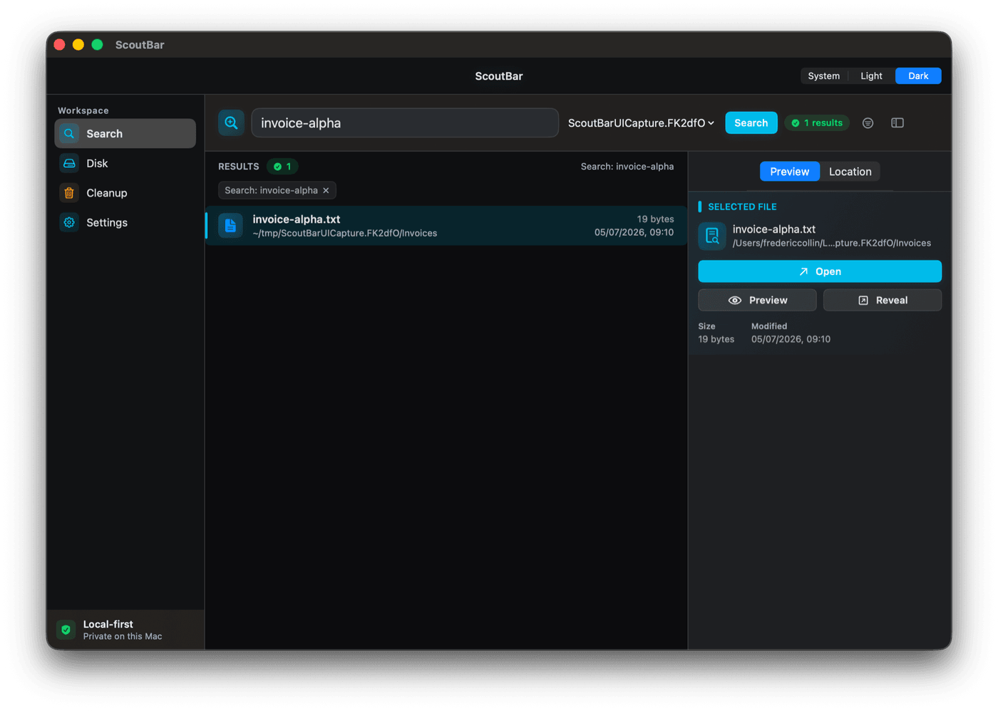 ScoutBar search results in the menu bar app