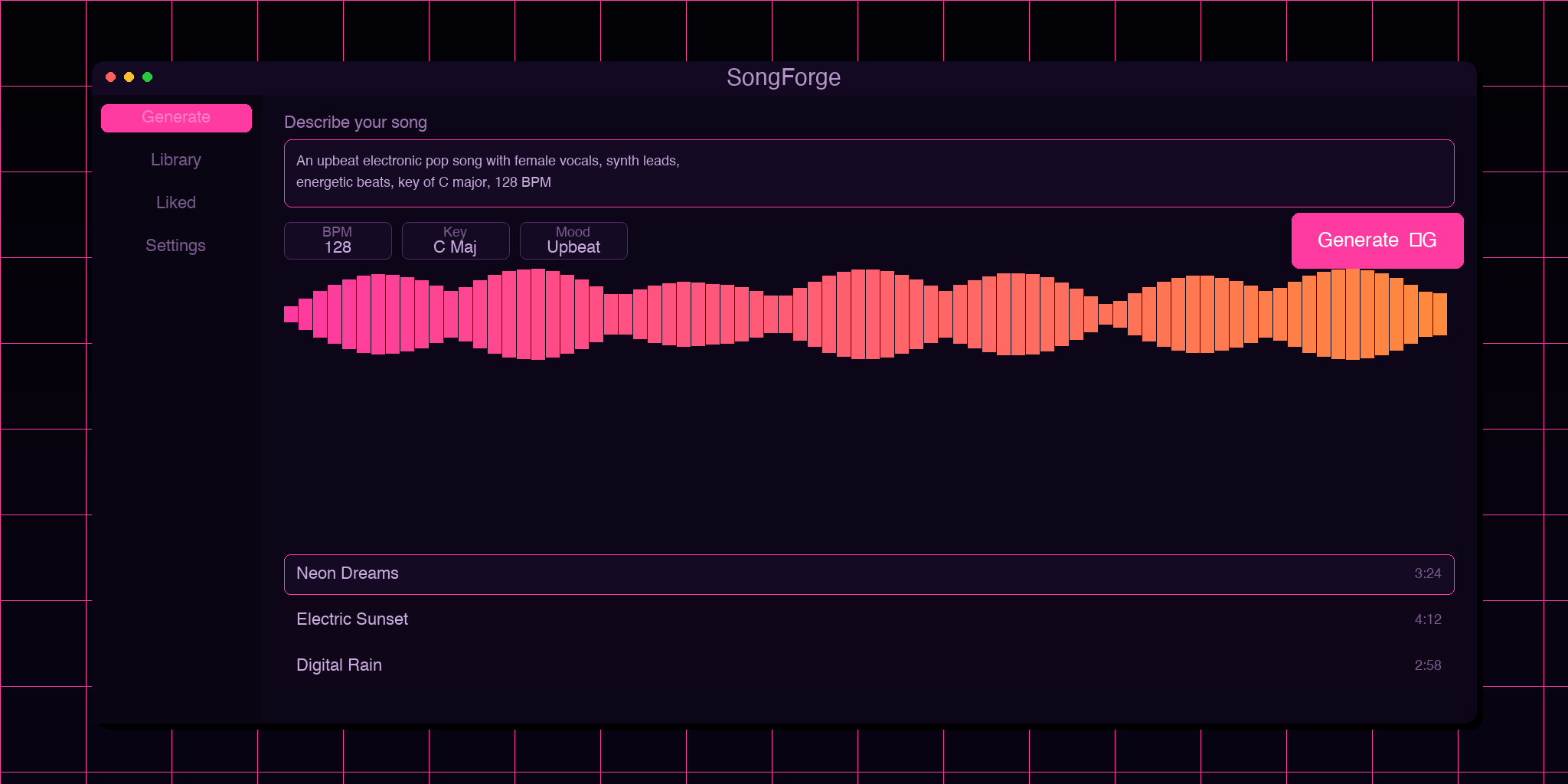 SongForge macOS interface: text prompt input glowing pink, equalizer visualization, song library sidebar, Generate button