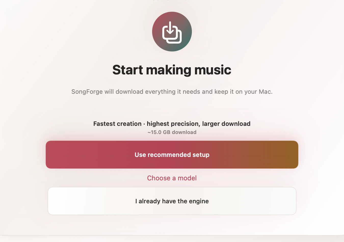 SongForge model setup screen showing a recommended local model download of about 15 GB and an option to choose an existing engine.