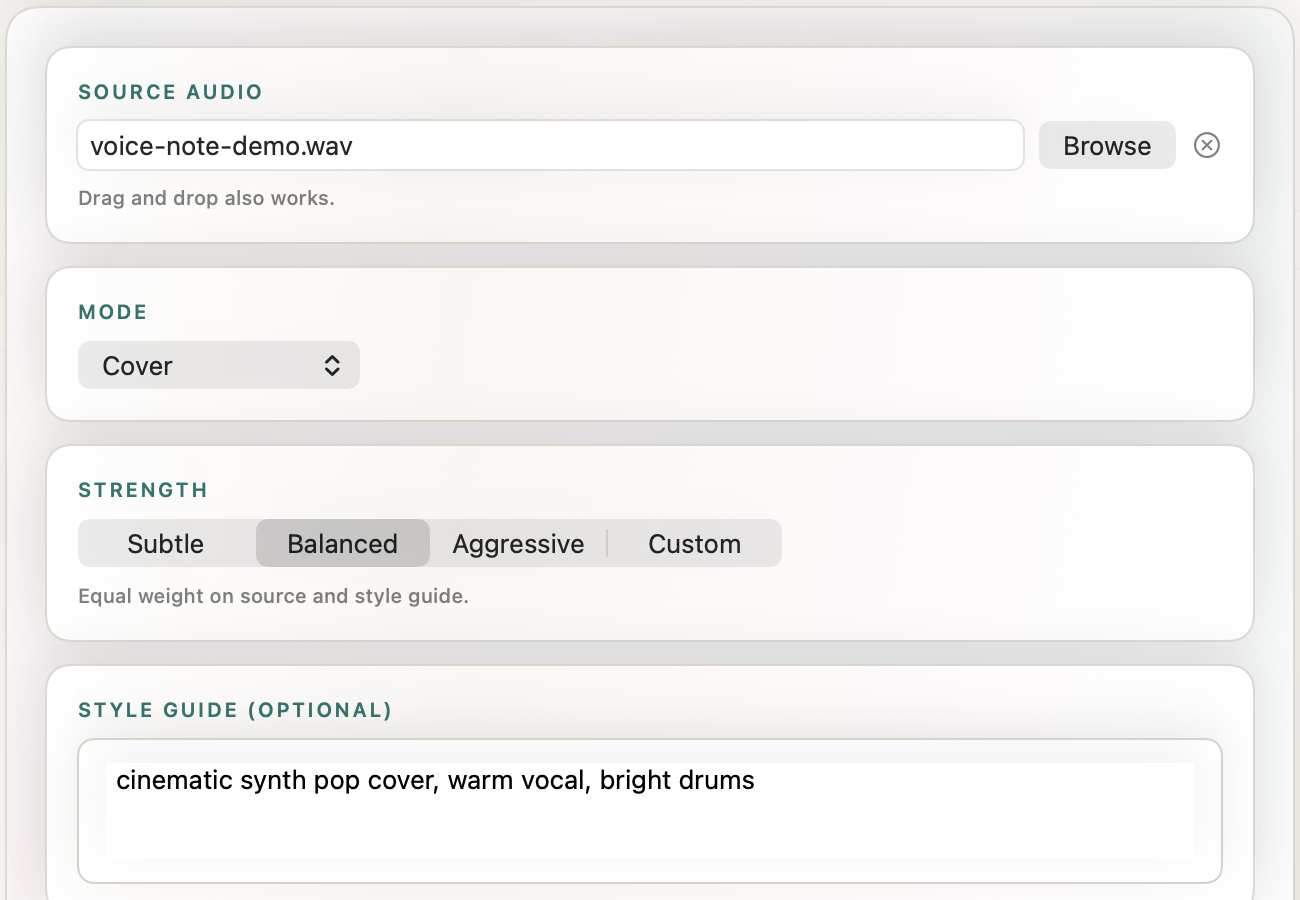 SongForge Rework workspace with a WAV voice note, Cover mode, Balanced strength and a synth-pop style guide.