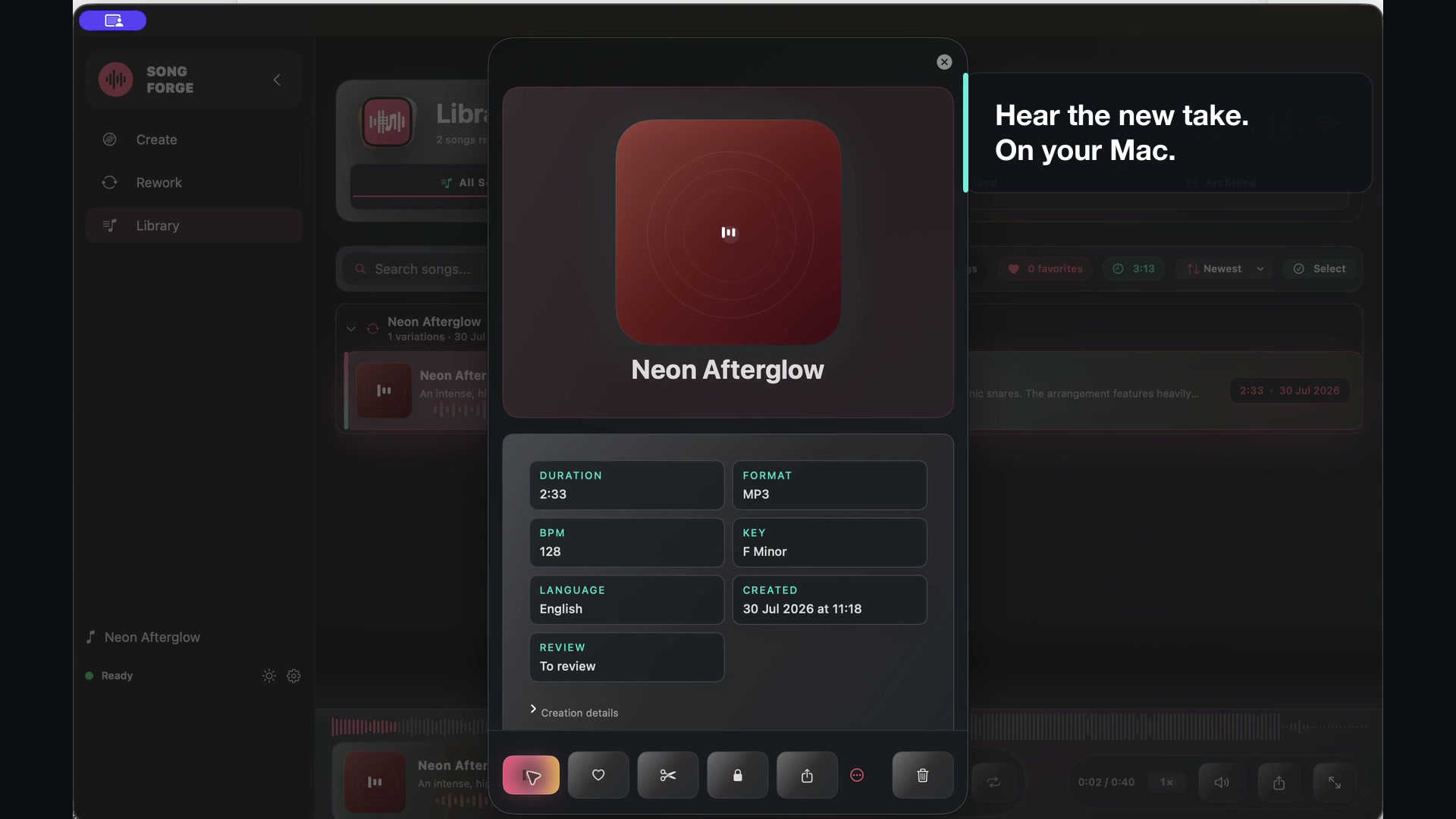 SongForge Rework result in the local Mac Library: Neon Afterglow is ready to play