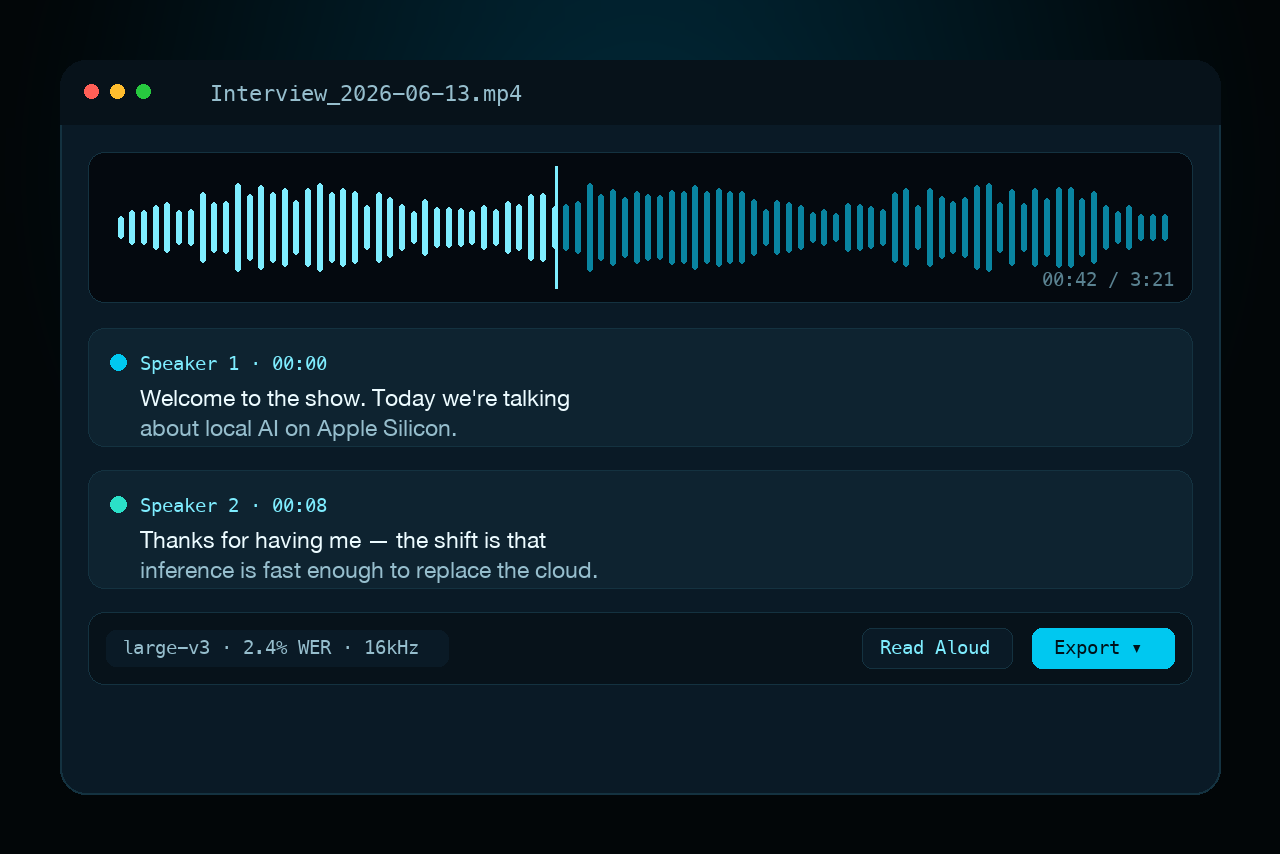 VoxForge macOS interface: interactive waveform synced with a transcript showing labelled Speaker 1 and Speaker 2, TTS voice picker, and project sidebar