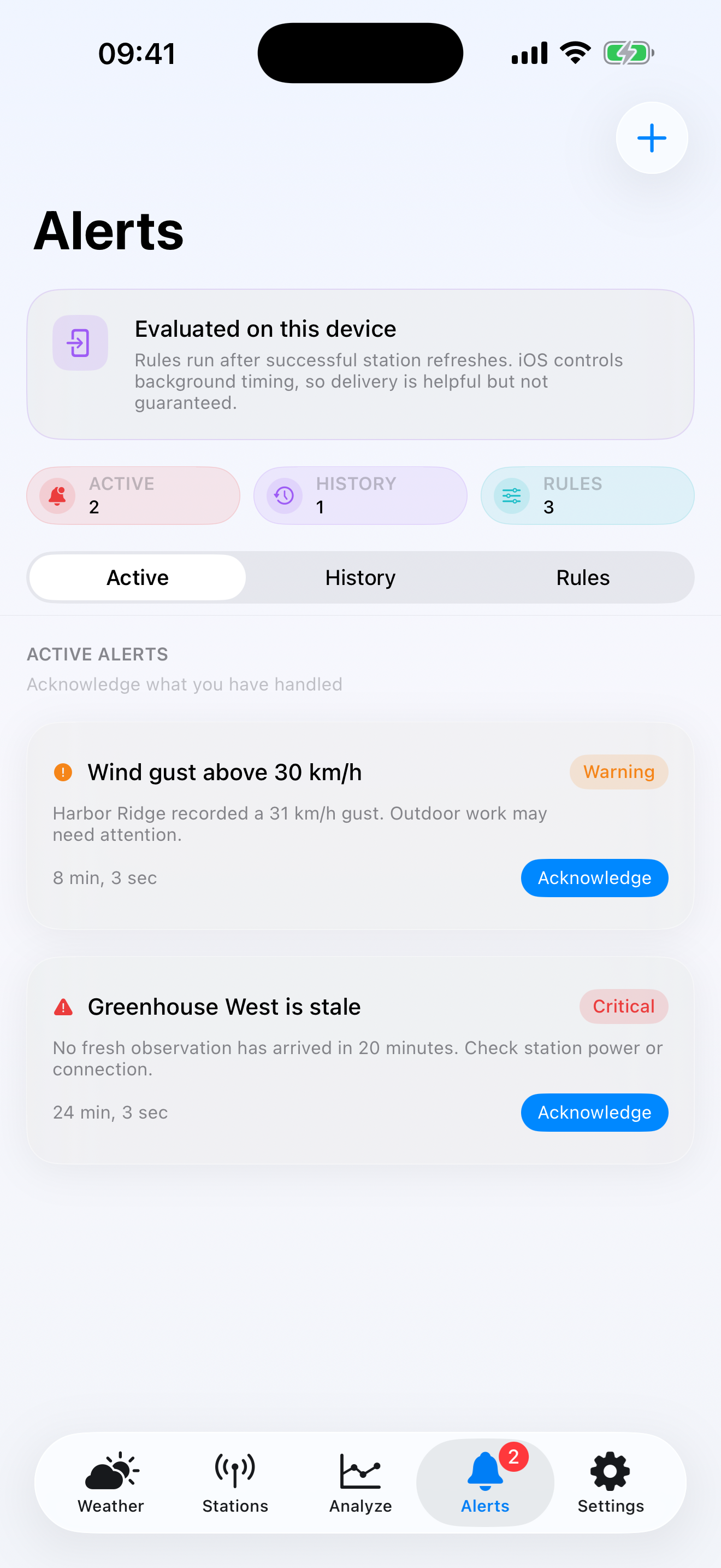 WeatherTracking alert rules configured for a personal weather station