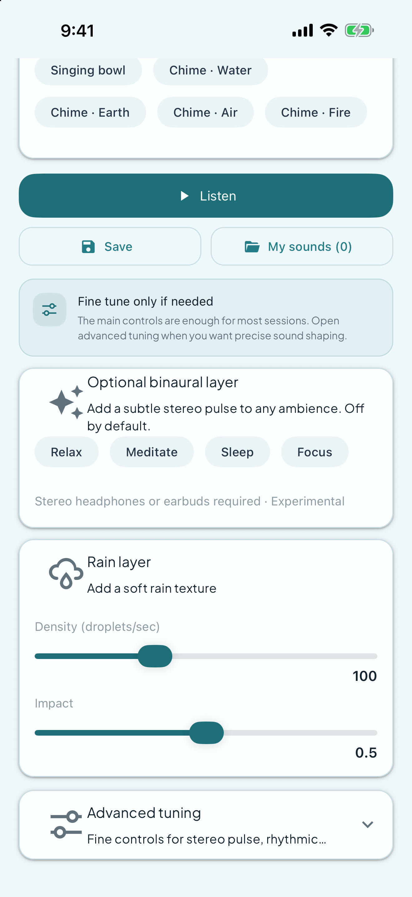 PulseWave Sound Studio on iPhone showing the optional binaural layer, off by default, and the stereo-headphones requirement.
