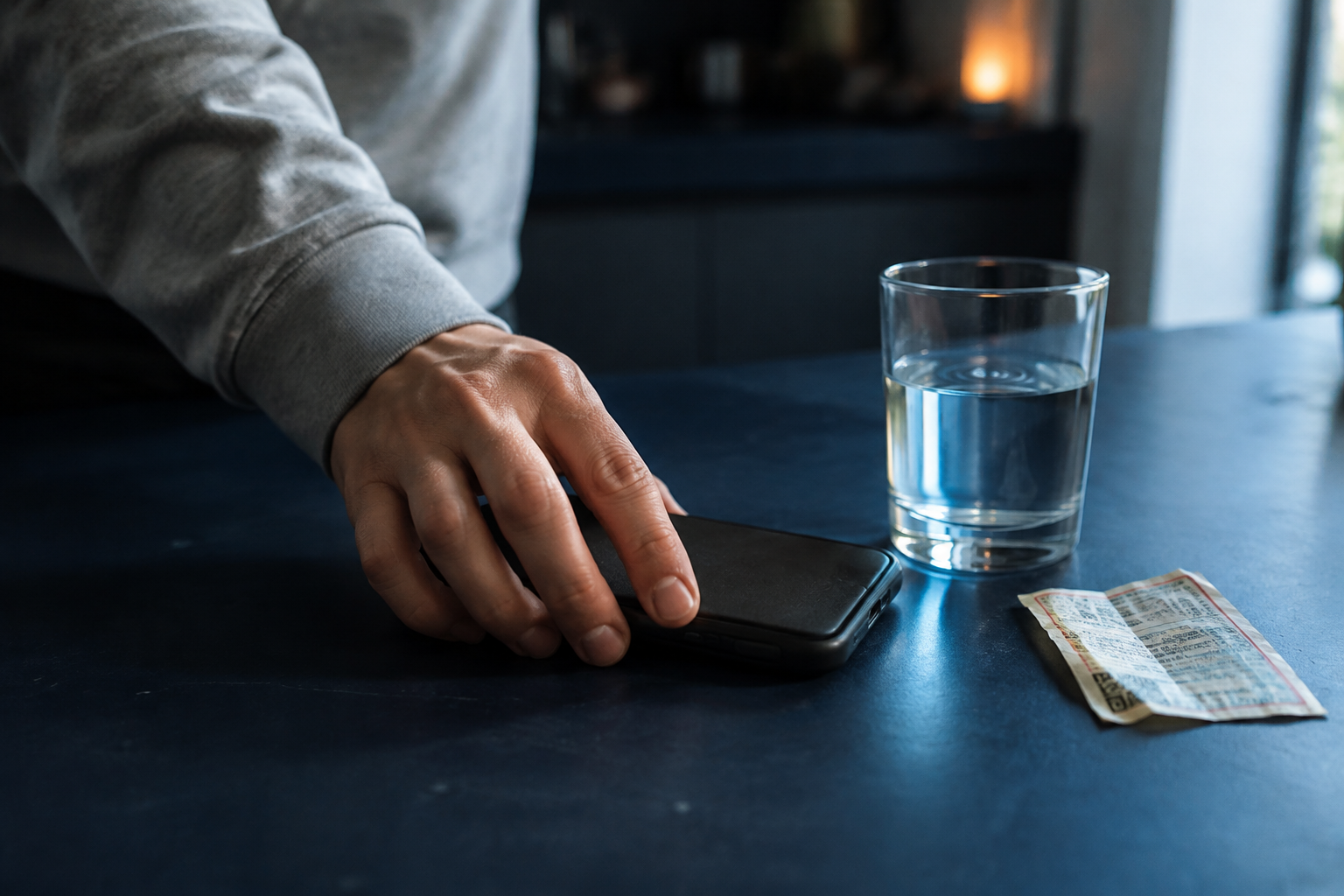 A hand places a phone face-down beside a glass of water on a dark blue table.