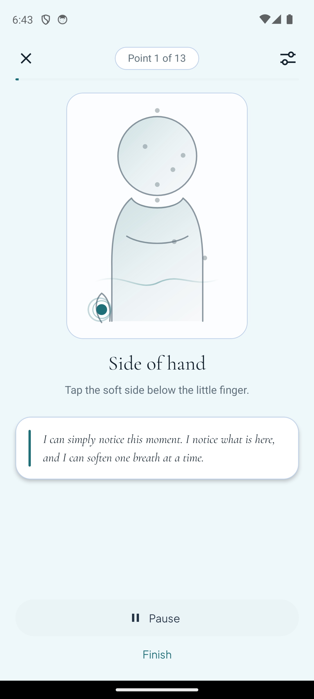 PulseWave tapping on Android showing Point 1 of 13, Side of hand.