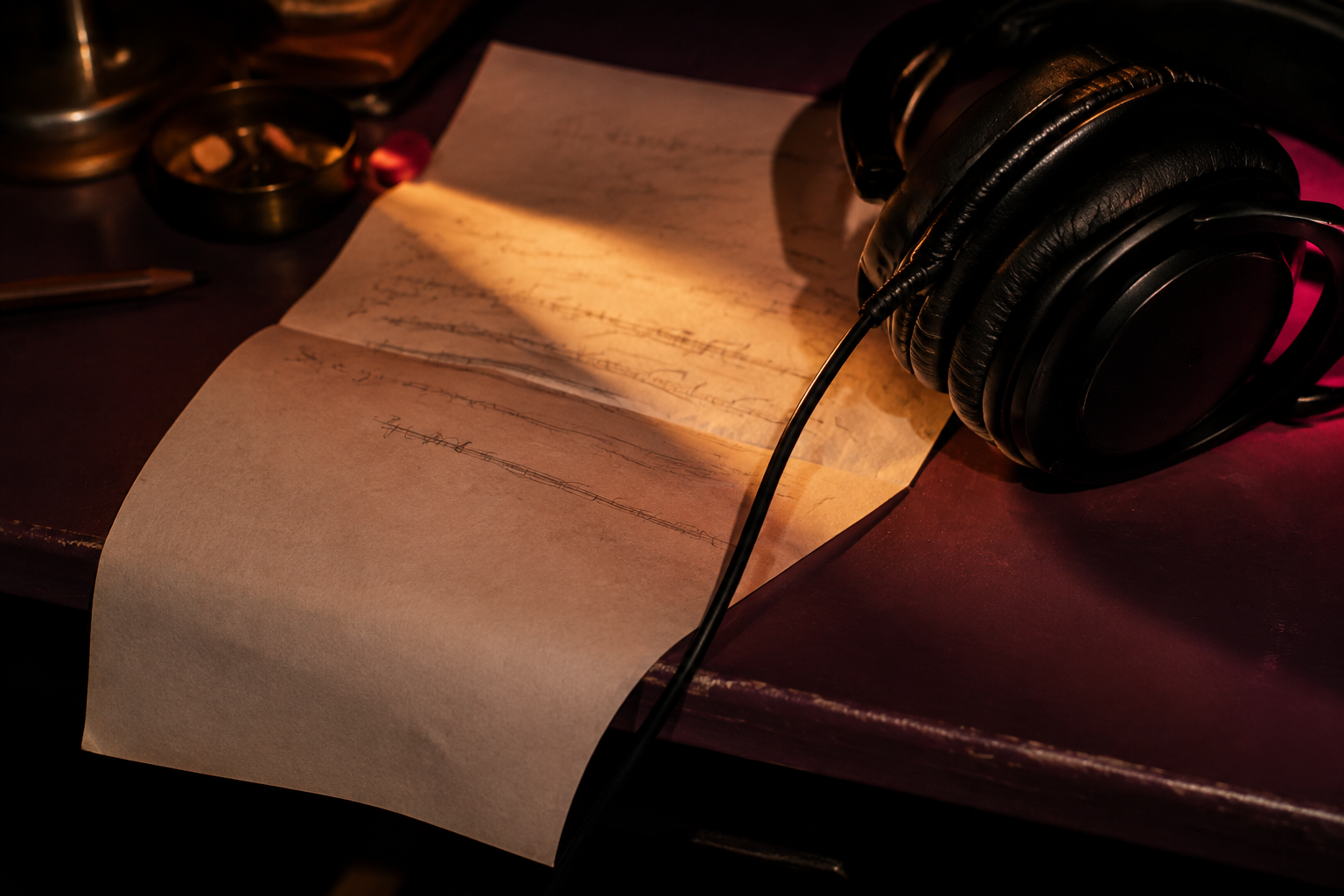 Headphones rest on a creased lyric sheet in a pool of warm desk-lamp light.